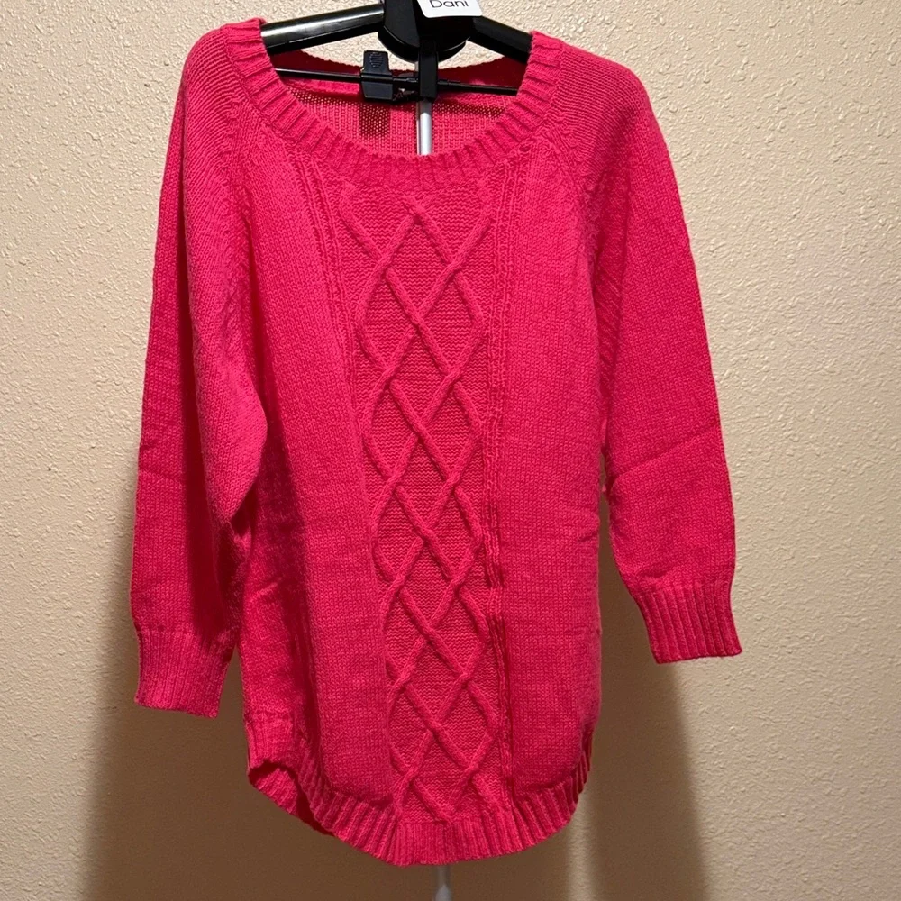 DAVI & DANI OVERSIZED Vibrant cable knit Pink Crew Neck Sweater - Picture 4 of 9